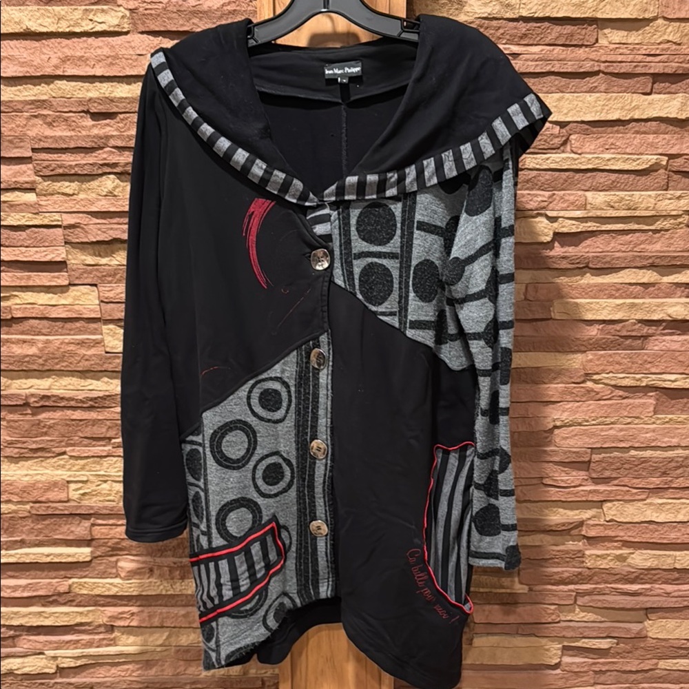 Made in France 🇫🇷 Jean Marc Philippe Black and Gray Patterned Hooded Cardigan